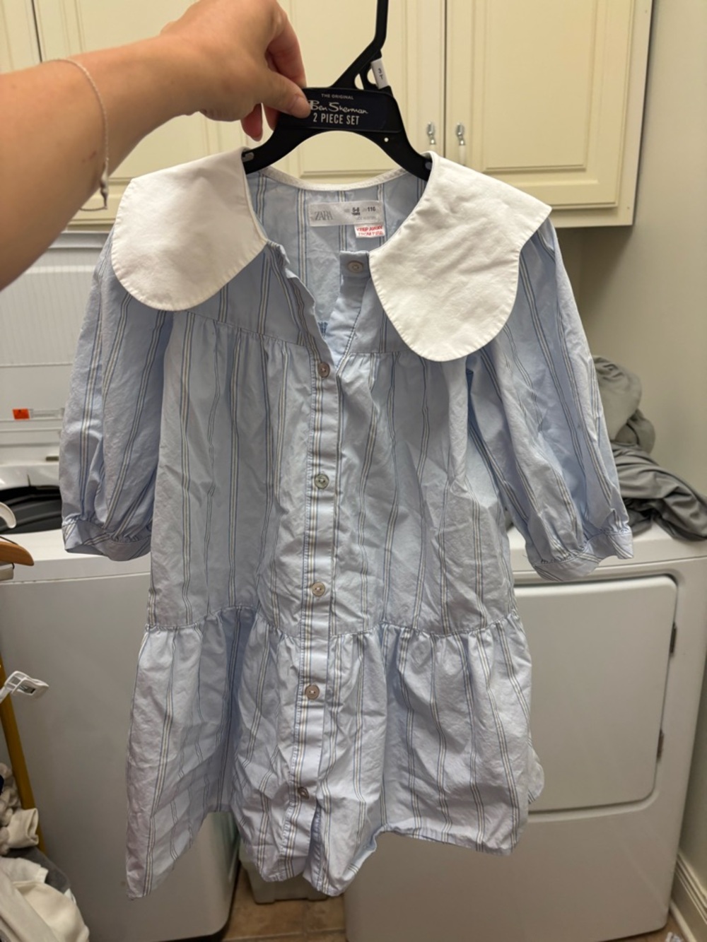 Zara Light Blue Striped Button-Front Dress with White Peter Pan Collar